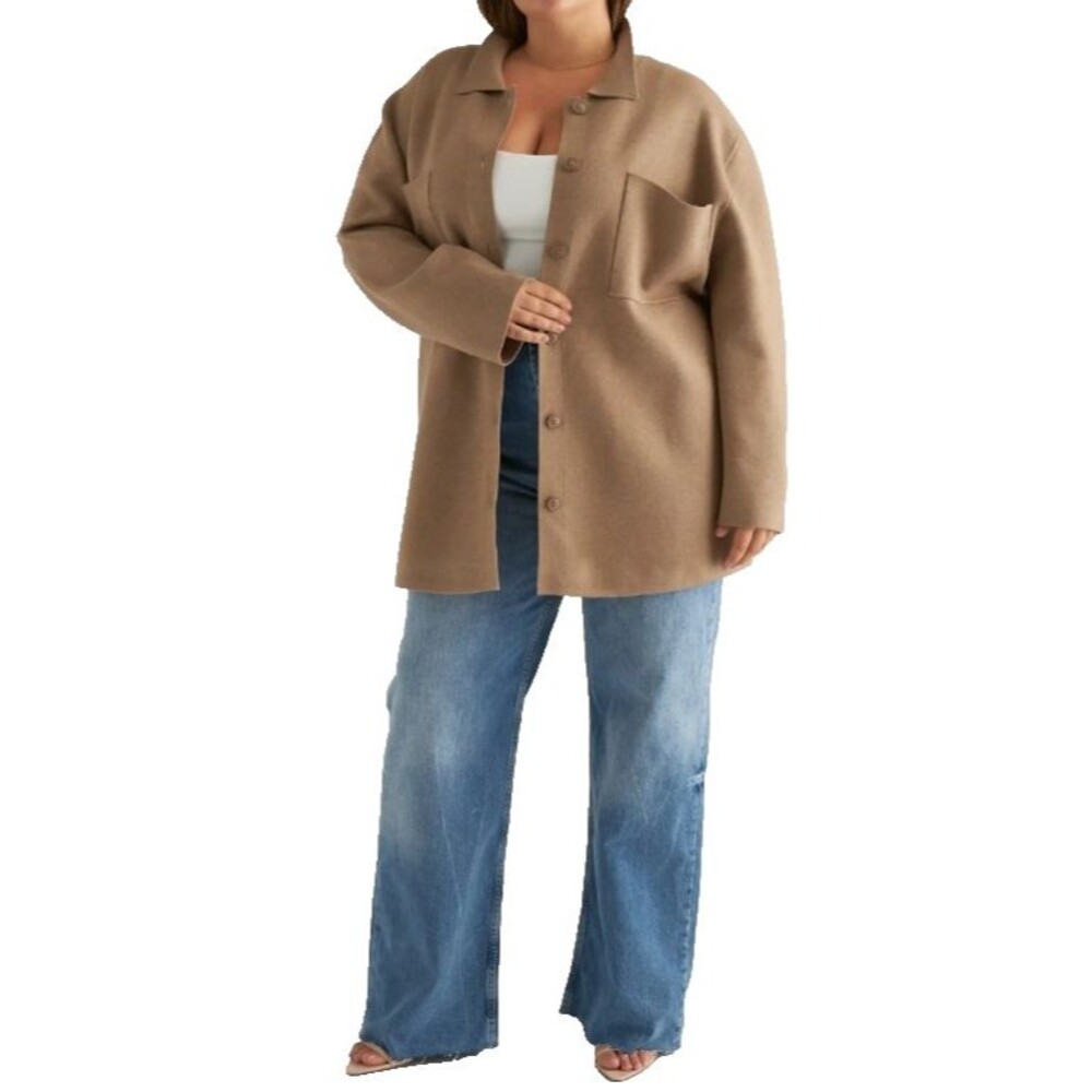 Quince Eco-Knit Milano Stitch Oversized Shirt Jacket Warm Taupe Shacket Large